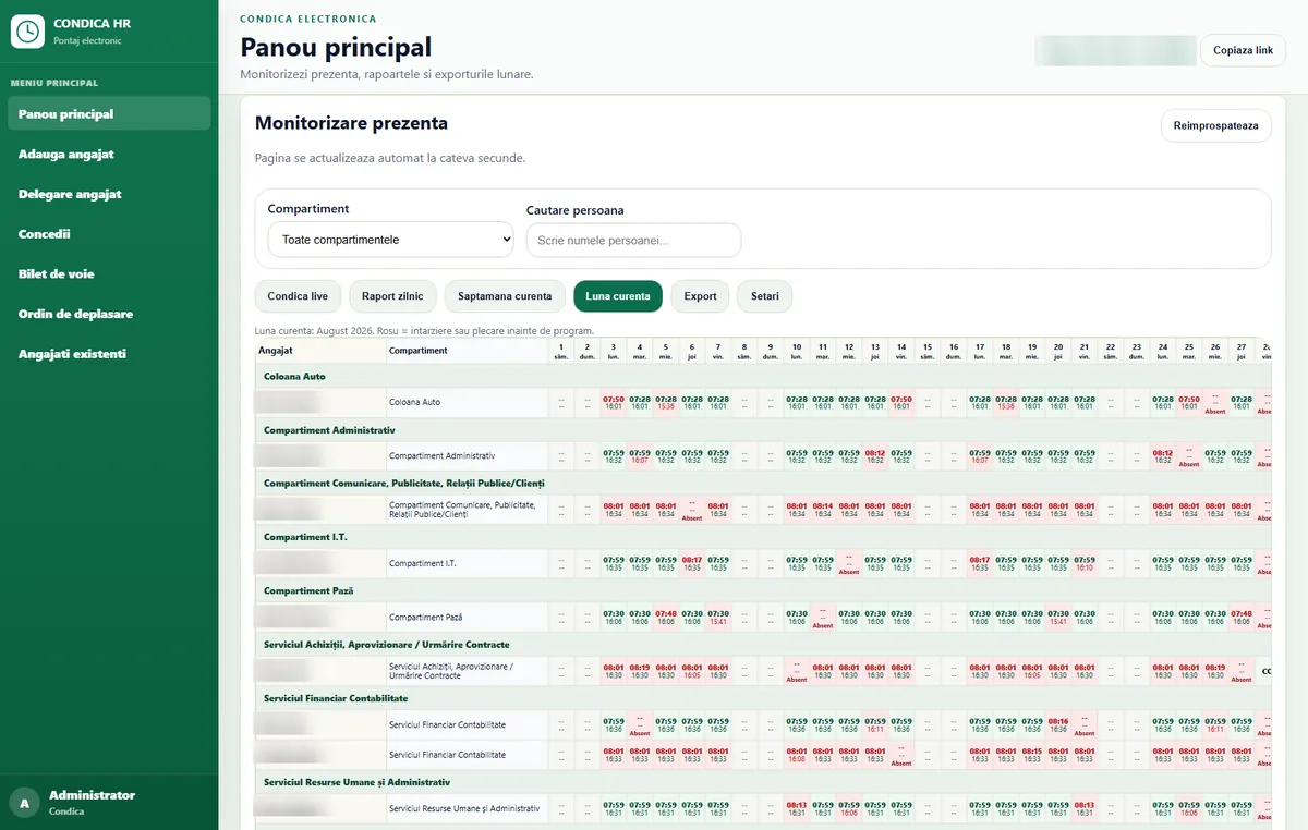 Electronic attendance register – monthly attendance report by department with late arrivals in red