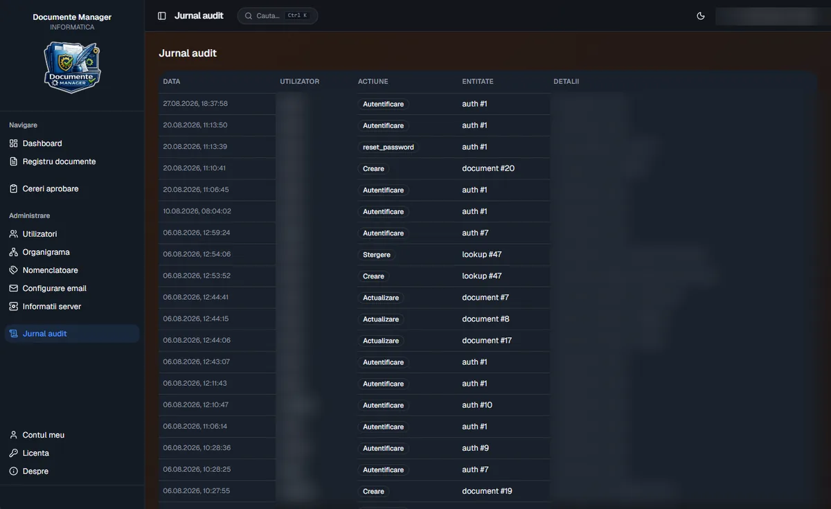 Documente Manager – audit log