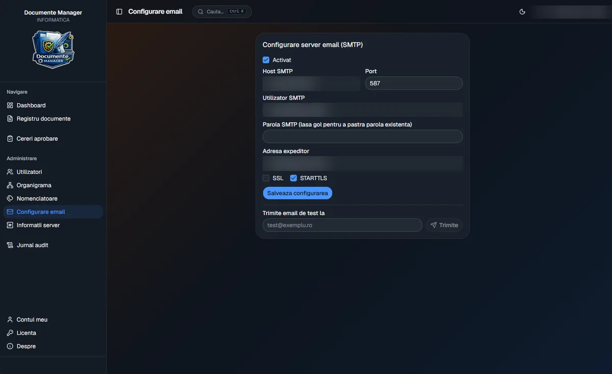 Documente Manager – SMTP email notification settings