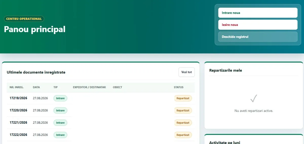 Electronic document registry – main dashboard with the latest registered documents